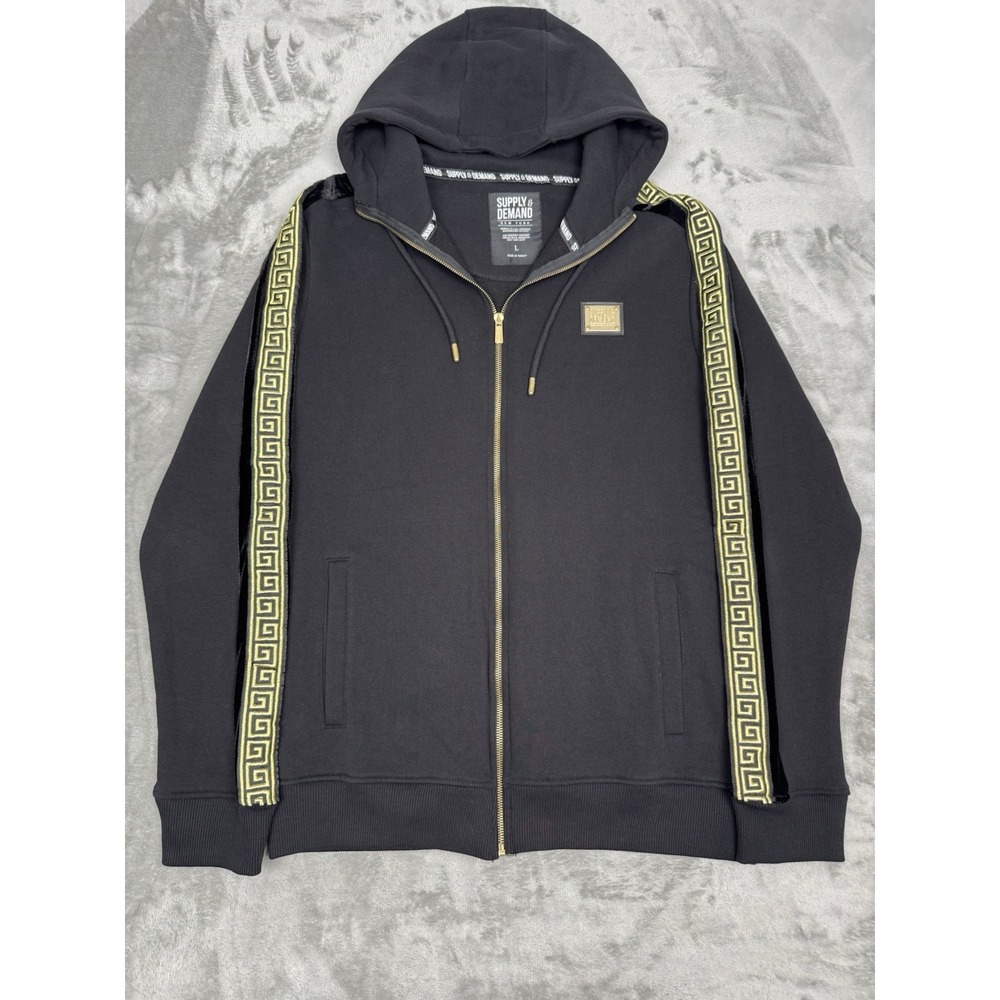 Supply & Demand Black Zip Hoodie Mens Large L Sweatshirt Jacket Gold Embroidered